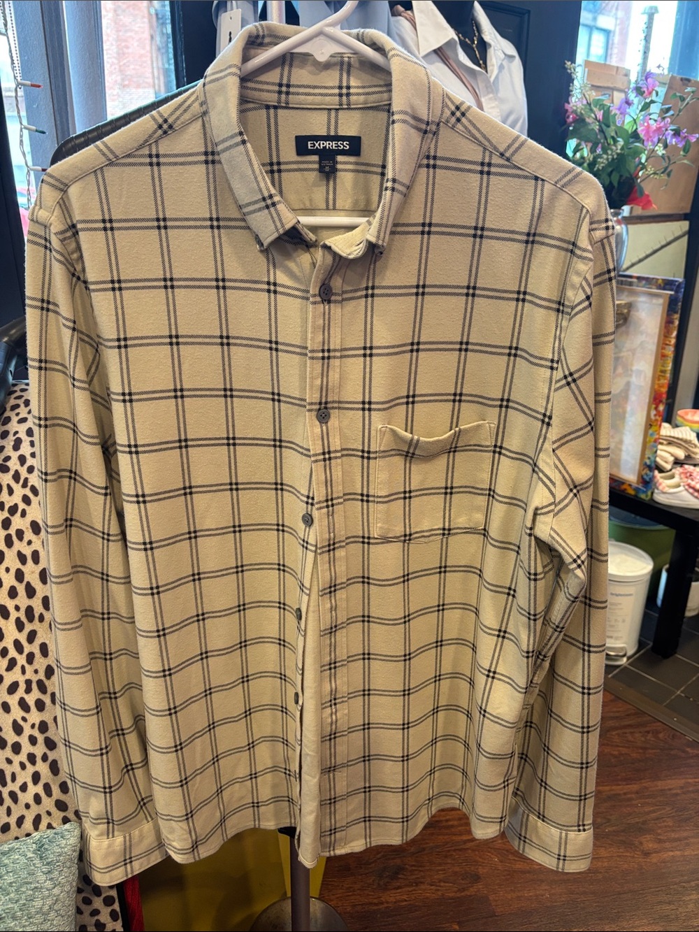 Express Beige Plaid Button-Down Shirt